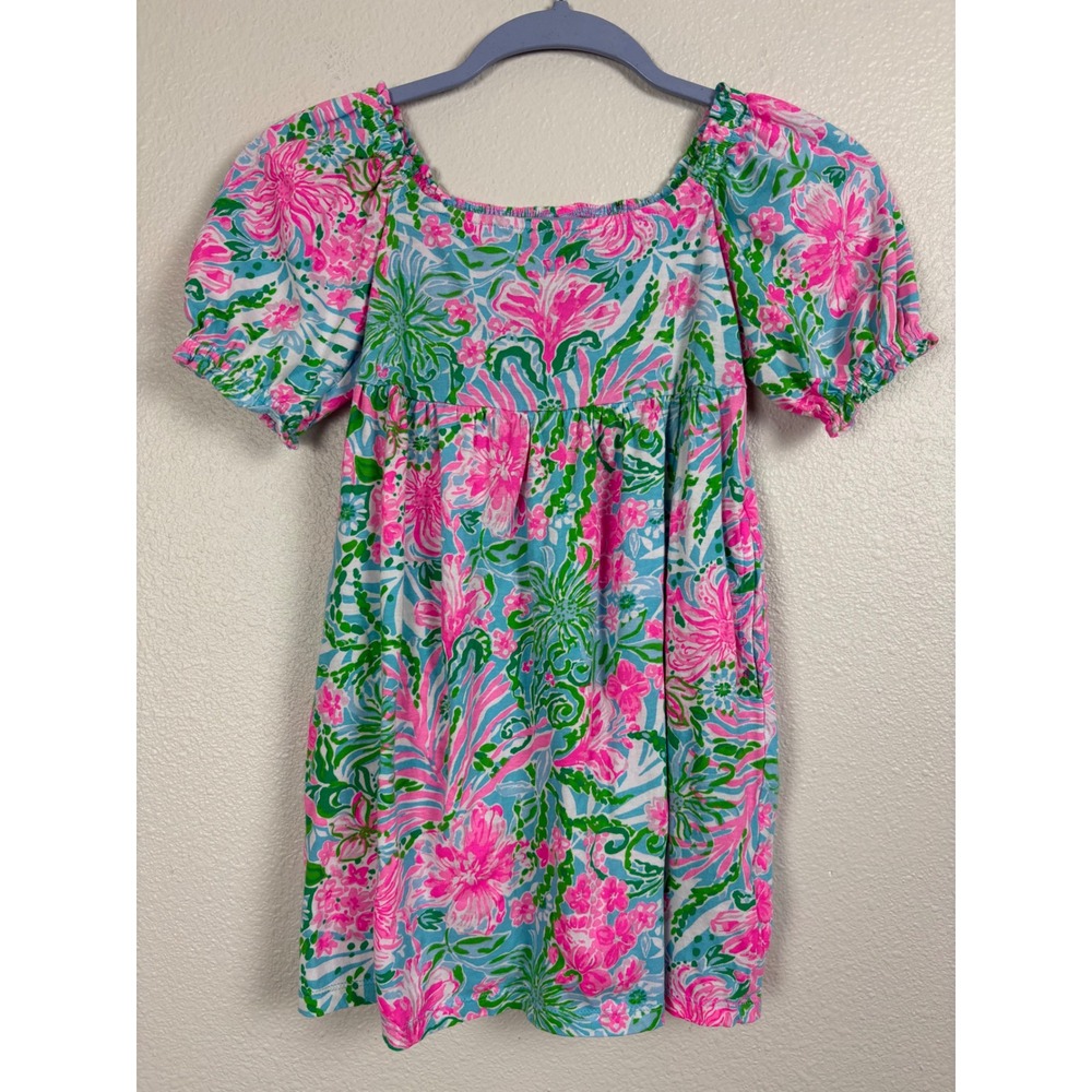 Lilly Pulitzer Girls Dress Pink Blue Floral Puff Sleeve Smocked M 6-7 Party